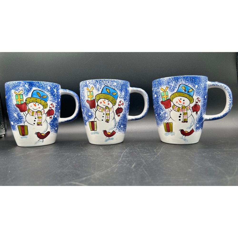 Studio Nova KT405 Frosty Snowman Blue Speckled Christmas Mugs Set of 3 12 oz